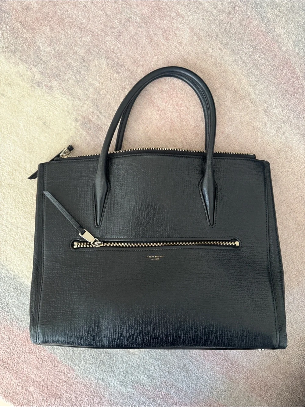 Henri Bendel Black Leather Satchel with Gold-Tone Zip
